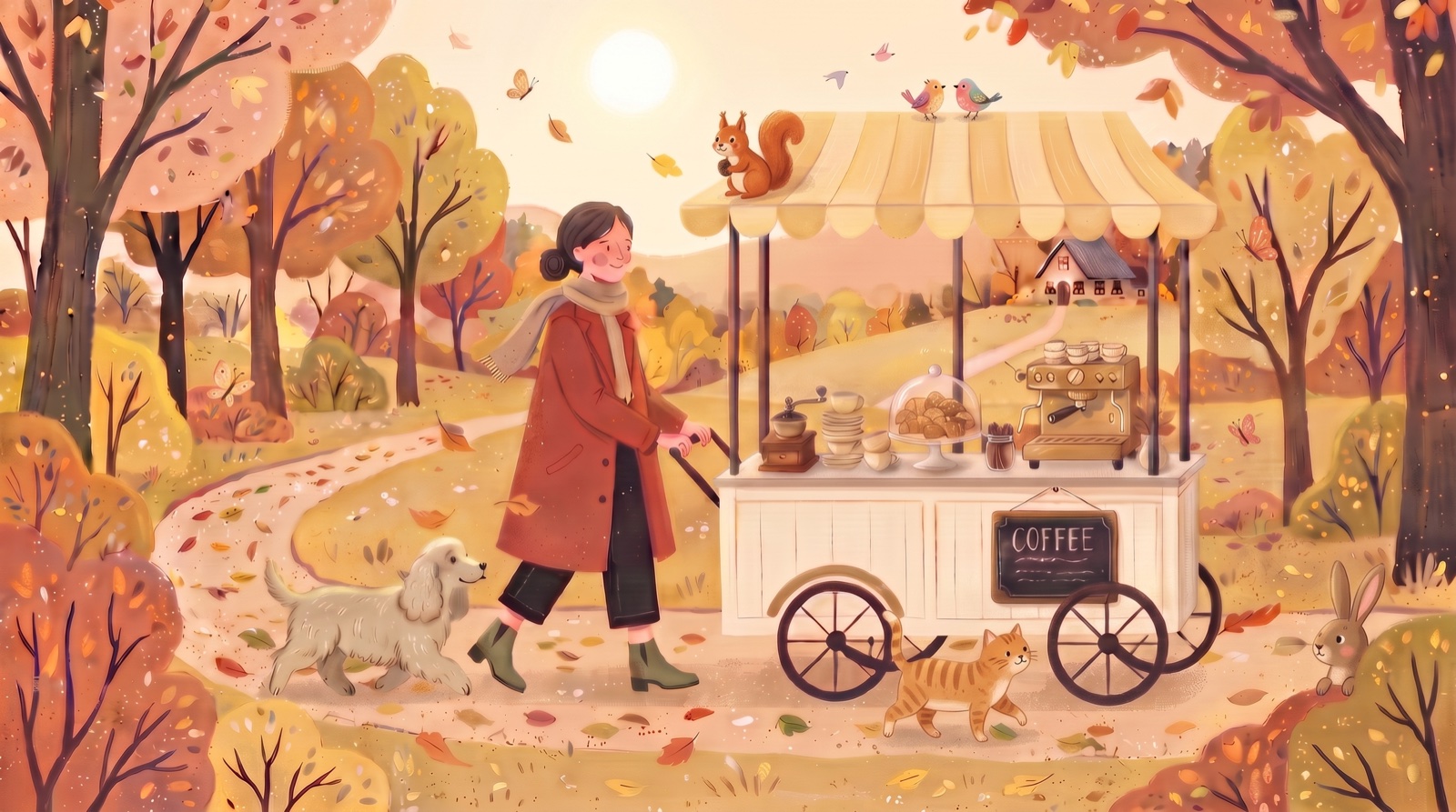 Illustration of the coffee cart on its morning route with animal friends
